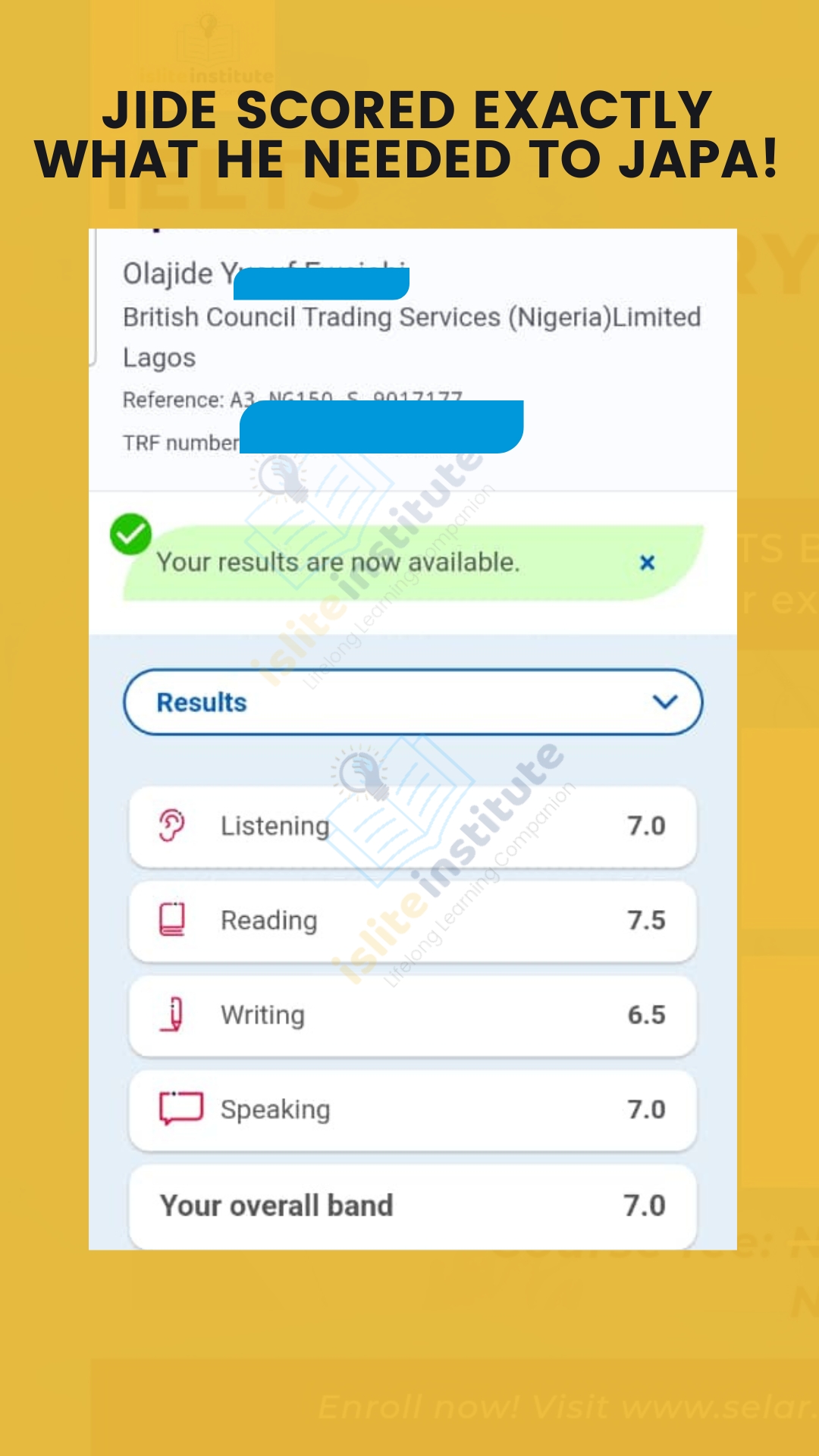 IELTS learner result — Scored exactly what he needed