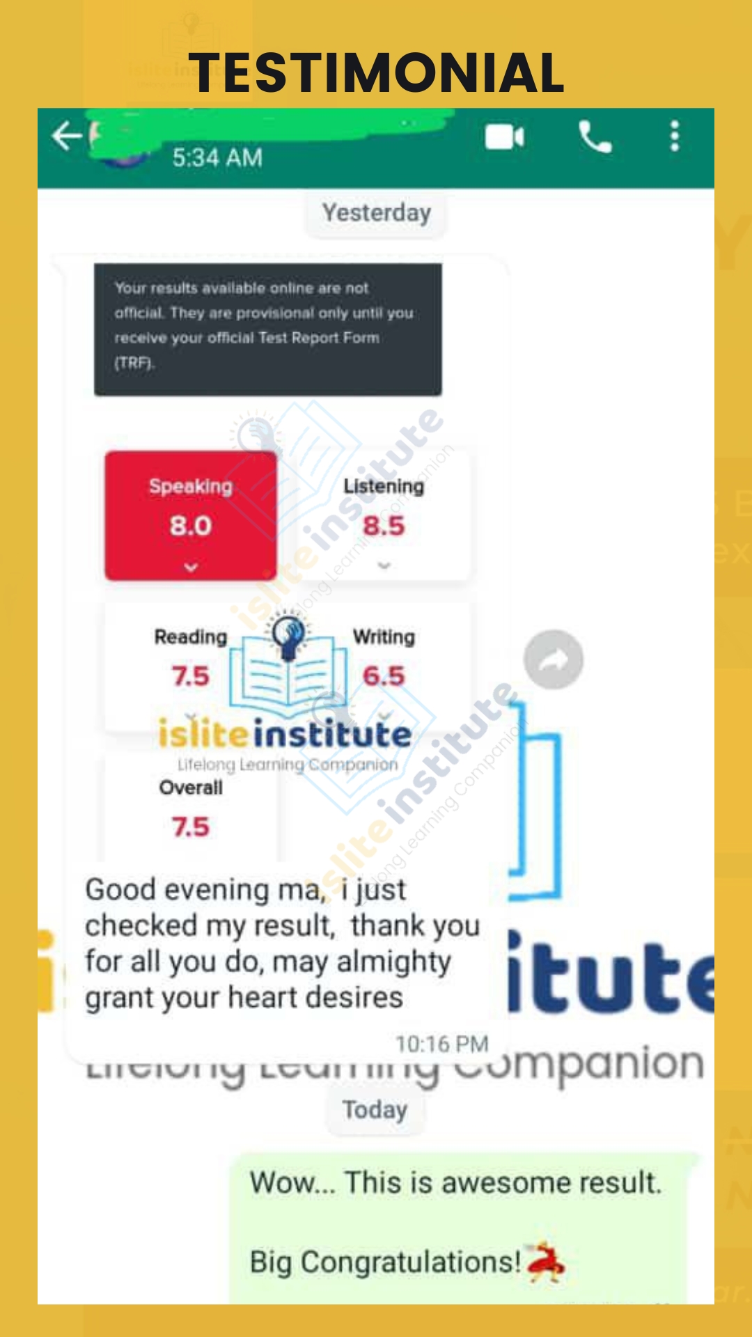 IELTS learner result — Listening — full marks run