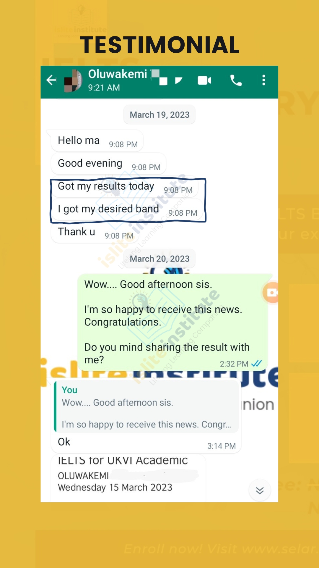IELTS learner result — Confidence into the exam room
